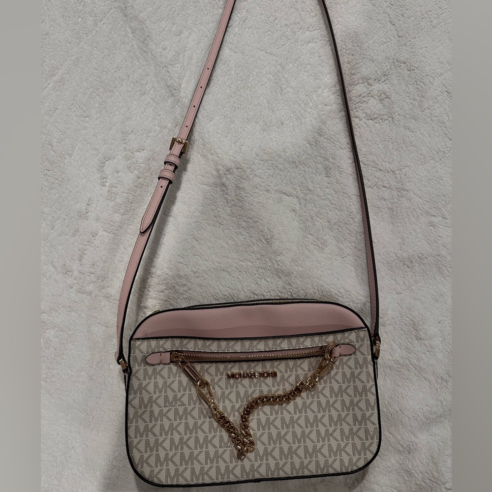 Michael Kors Pink and Cream Crossbody Bag with Signature Monogram